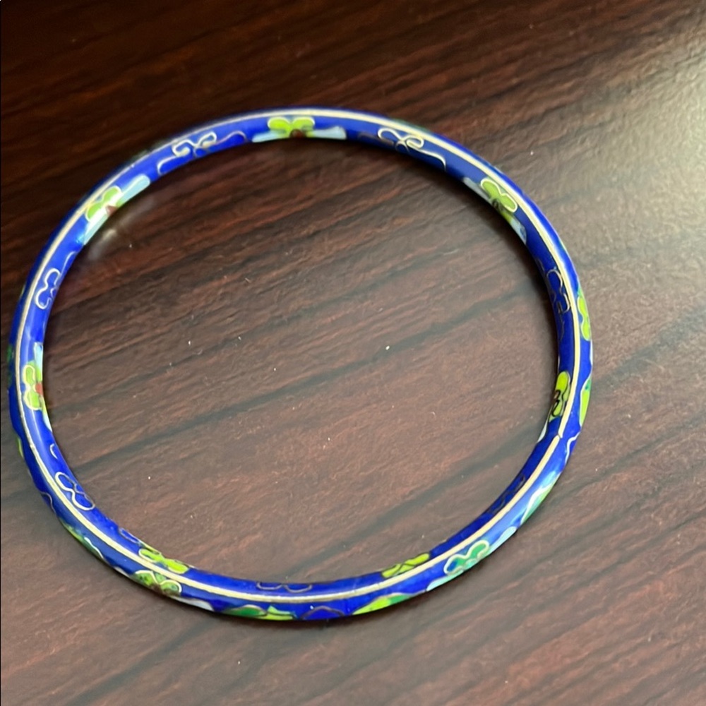Vintage cloisonne Blue and Green Floral Bangle